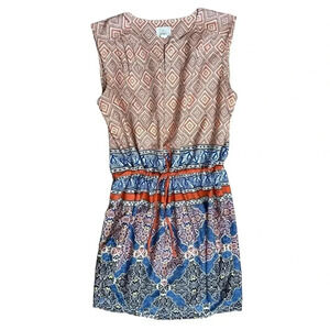 CASLON Blue/Orange Dress sz XL Draw String Waist Sleeveless Lined Boho Print‎
